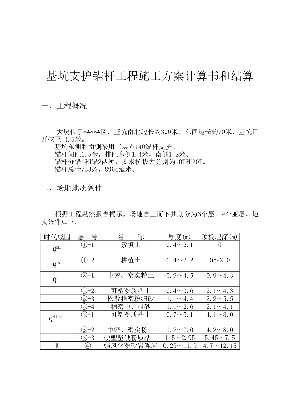 基坑支护锚杆工程施工方案计算书和结算.doc_第1页