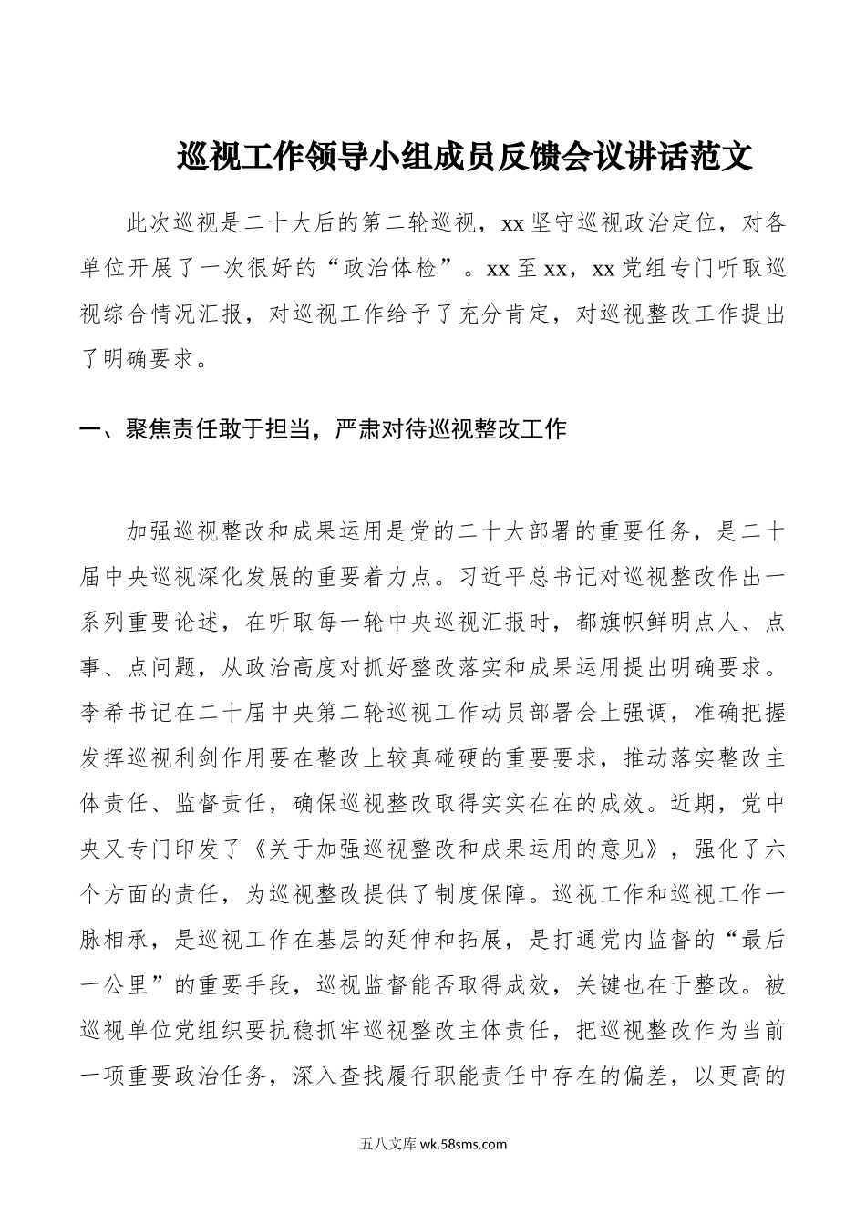 巡视工作领导小组成员反馈会议讲话范文.doc_第1页