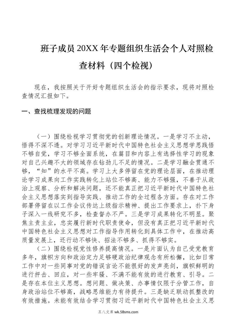 班子成员20XX年专题组织生活会个人对照检查材料（四个检视）.docx_第1页