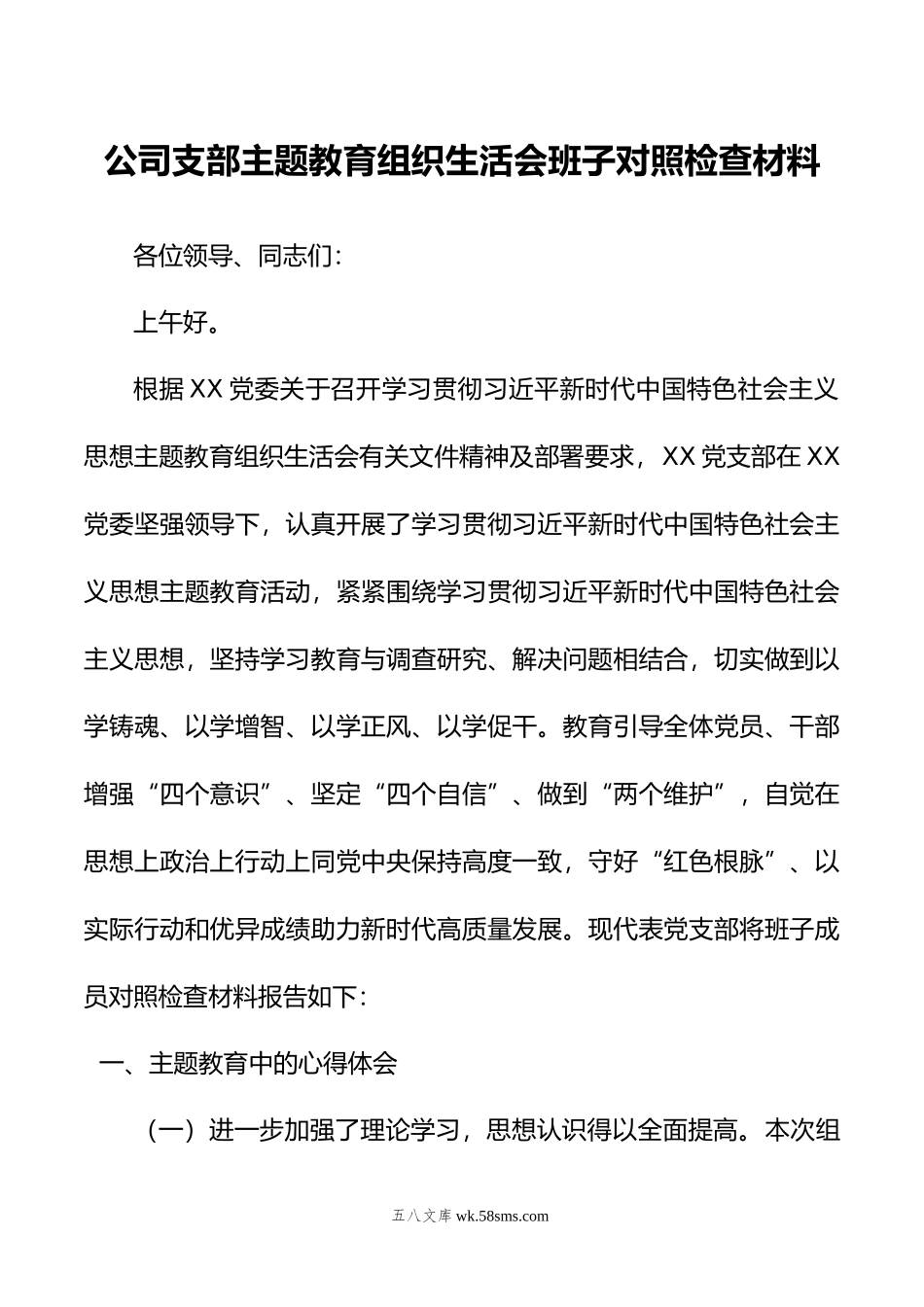 公司支部主题教育组织生活会班子对照检查材料.docx_第1页