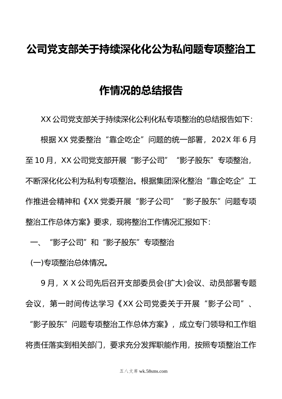 公司党支部关于持续深化化公为私问题专项整治工作情况的总结报告.docx_第1页