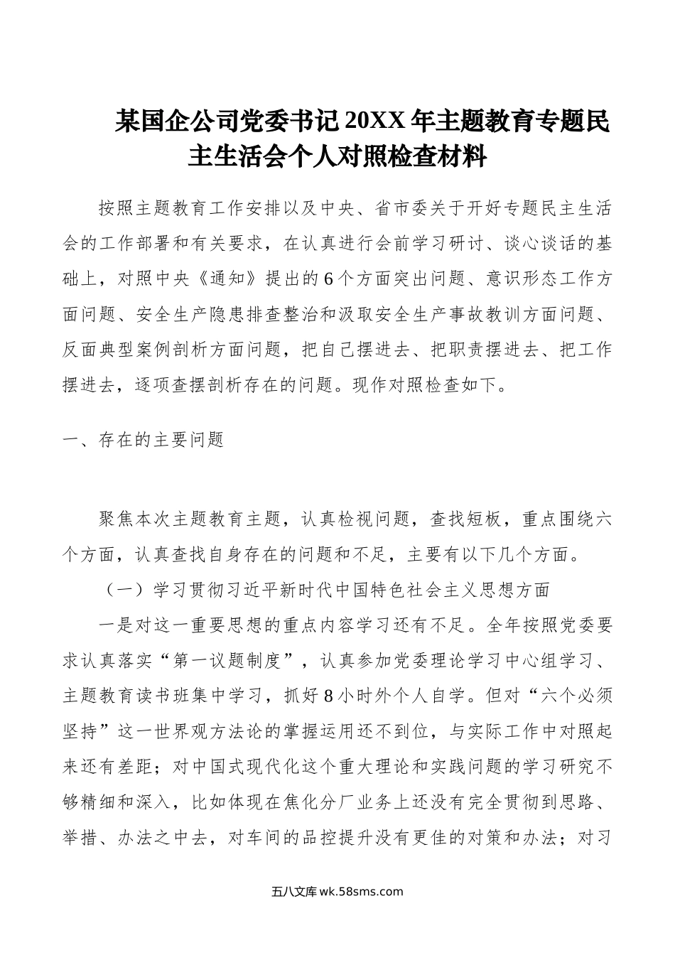 某国企公司党委书记年主题教育专题民主生活会个人对照检查材料.doc_第1页