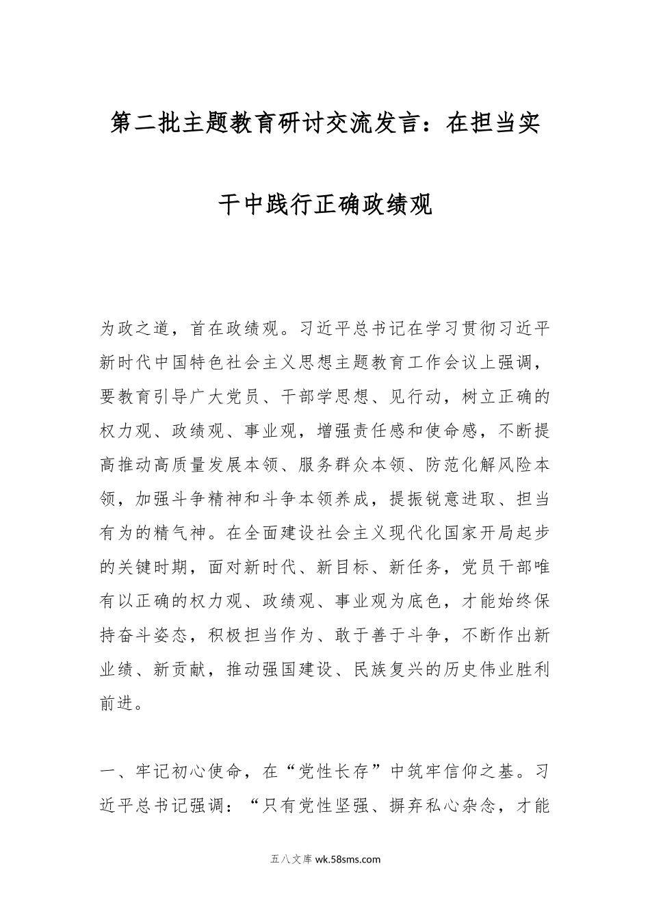 第二批主题教育研讨交流发言：在担当实干中践行正确政绩观.docx_第1页