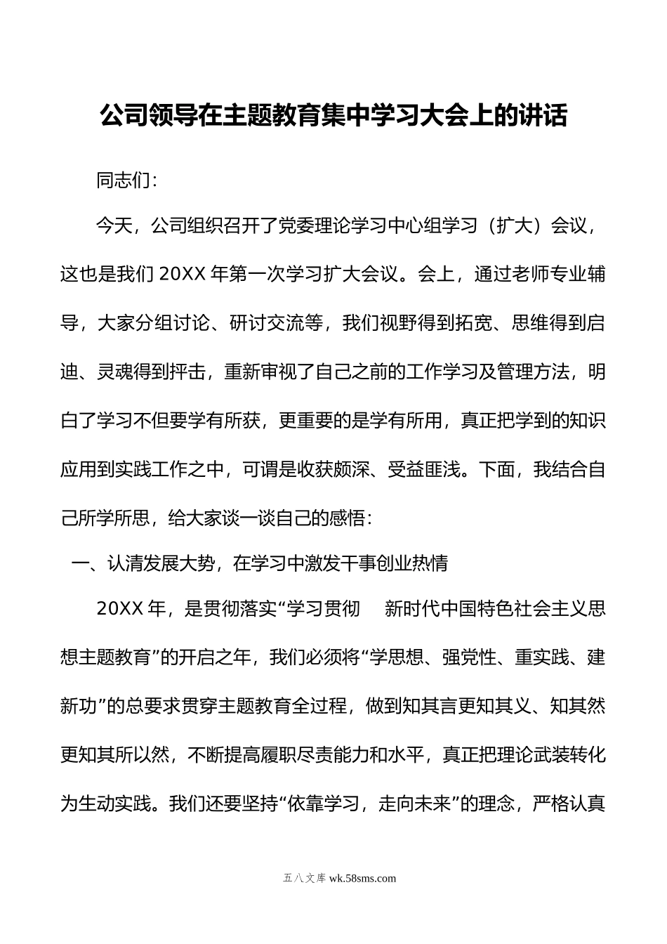 公司领导在主题教育集中学习大会上的讲话.docx_第1页