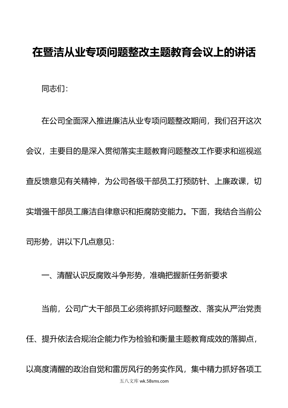 在暨洁从业专项问题整改主题教育会议上的讲话.doc_第1页