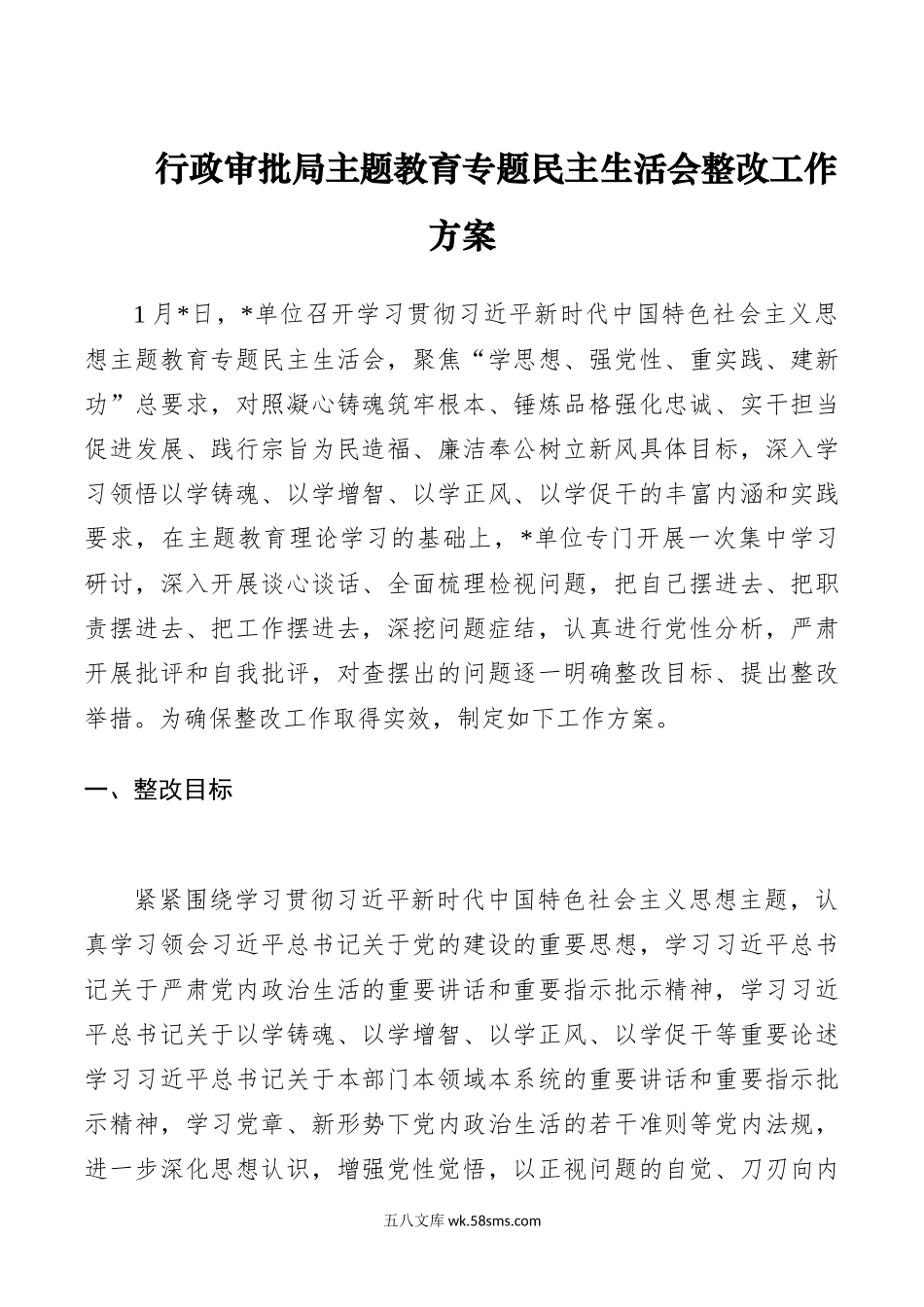 行政审批局主题教育专题民主生活会整改工作方案.docx_第1页