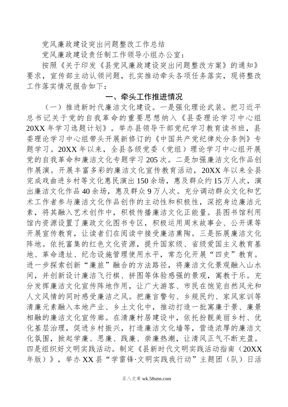 党风廉政建设突出问题整改工作总结.doc_第1页