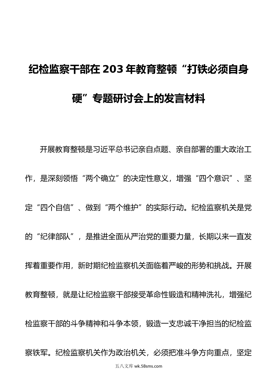 纪检监察干部在203年教育整顿“打铁必须自身硬”专题研讨会上的发言材料.doc_第1页