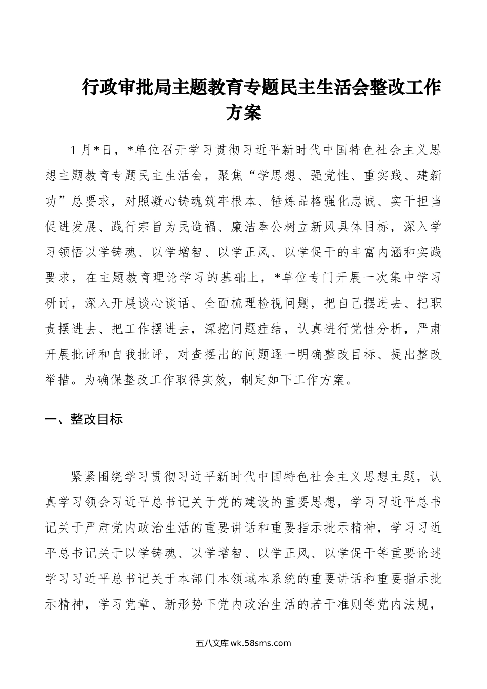 行政审批局主题教育专题民主生活会整改工作方案.doc_第1页