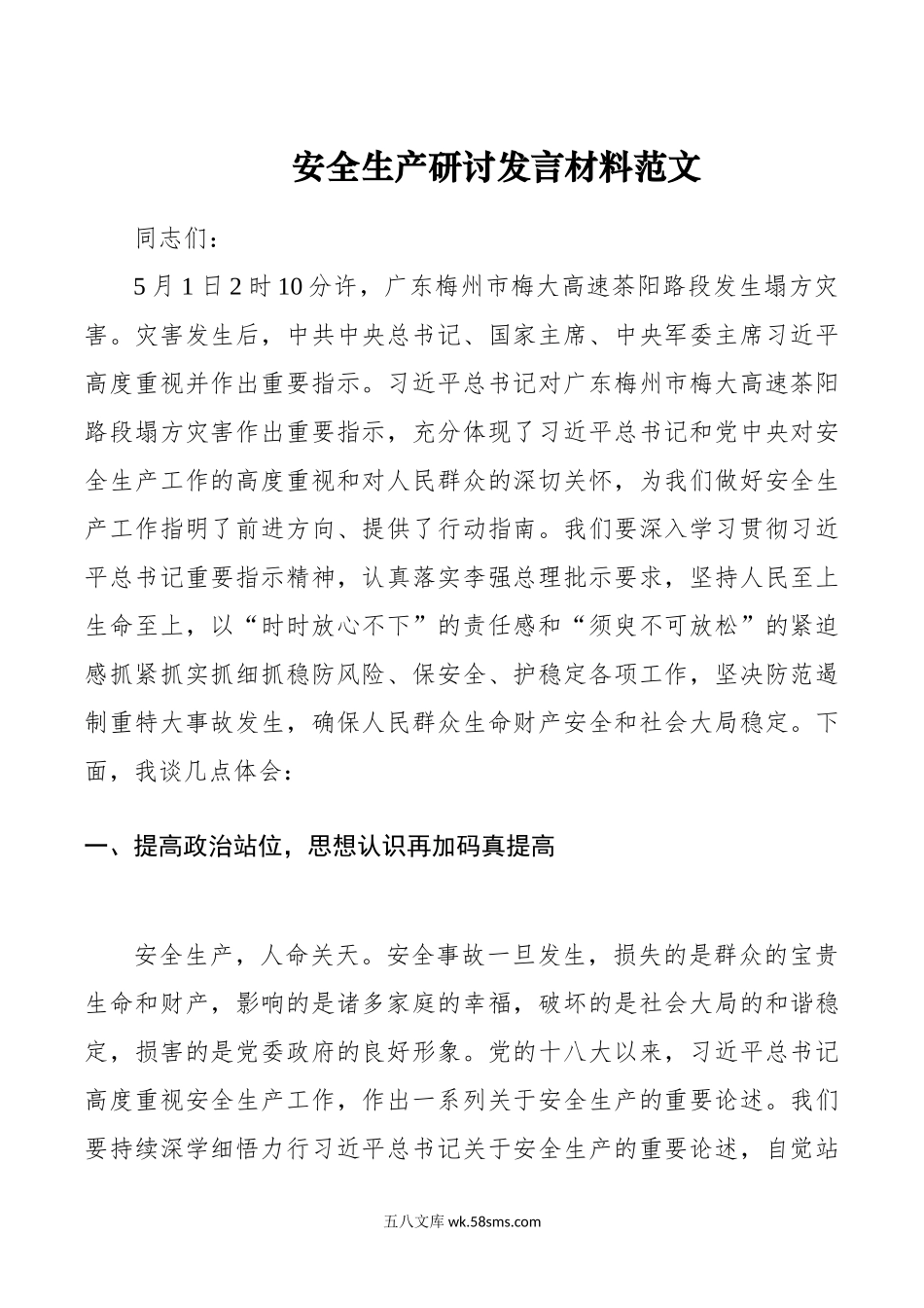 安全生产研讨发言材料心得体会.doc_第1页