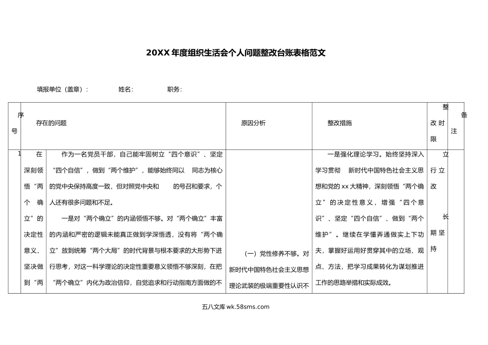 年度组织生活会个人问题整改台账表格范文初决定意义学懂弄通方案.doc_第1页