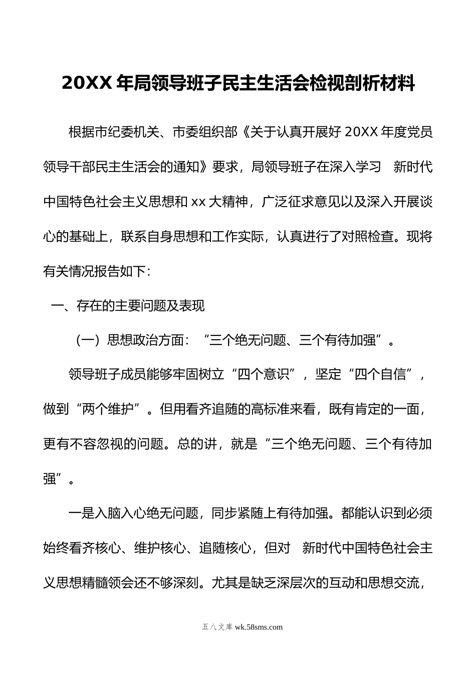 年局领导班子民主生活会检视剖析材料.doc_第1页