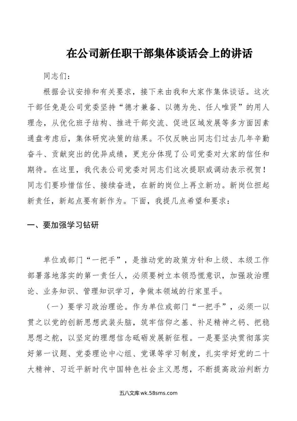 在公司新任职干部集体谈话会上的讲话.doc_第1页