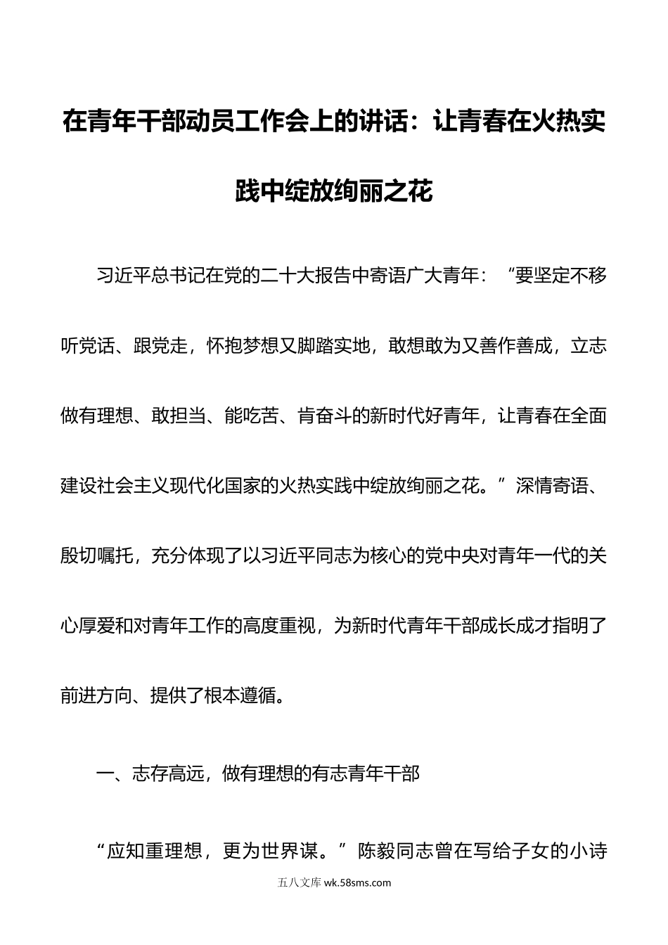 在青年干部动员工作会上的讲话：让青春在火热实践中绽放绚丽之花.doc_第1页