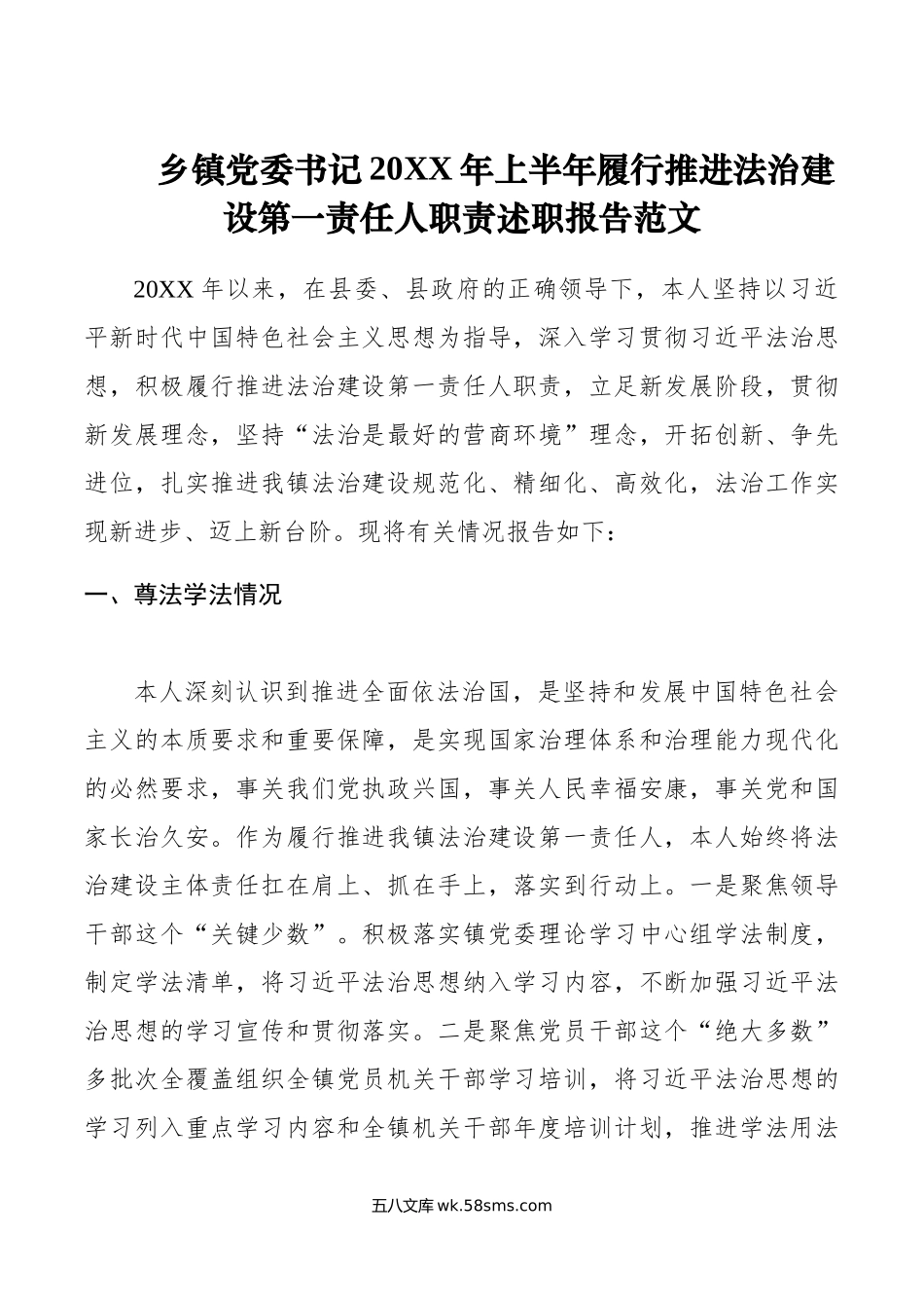 乡镇党委书记年上半年履行推进法治建设第一责任人职责述职报告范文.doc_第1页