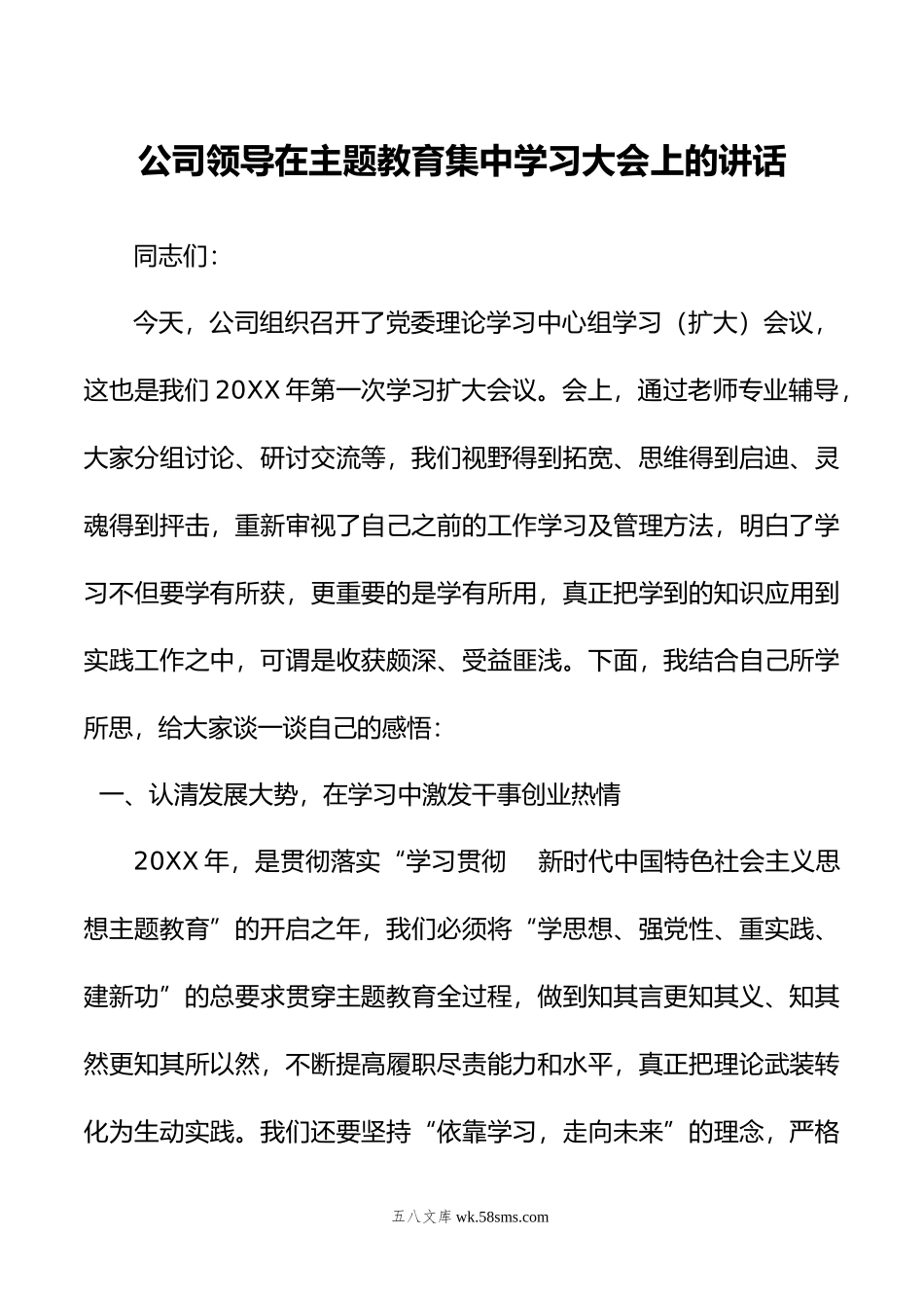 公司领导在主题教育集中学习大会上的讲话.doc_第1页