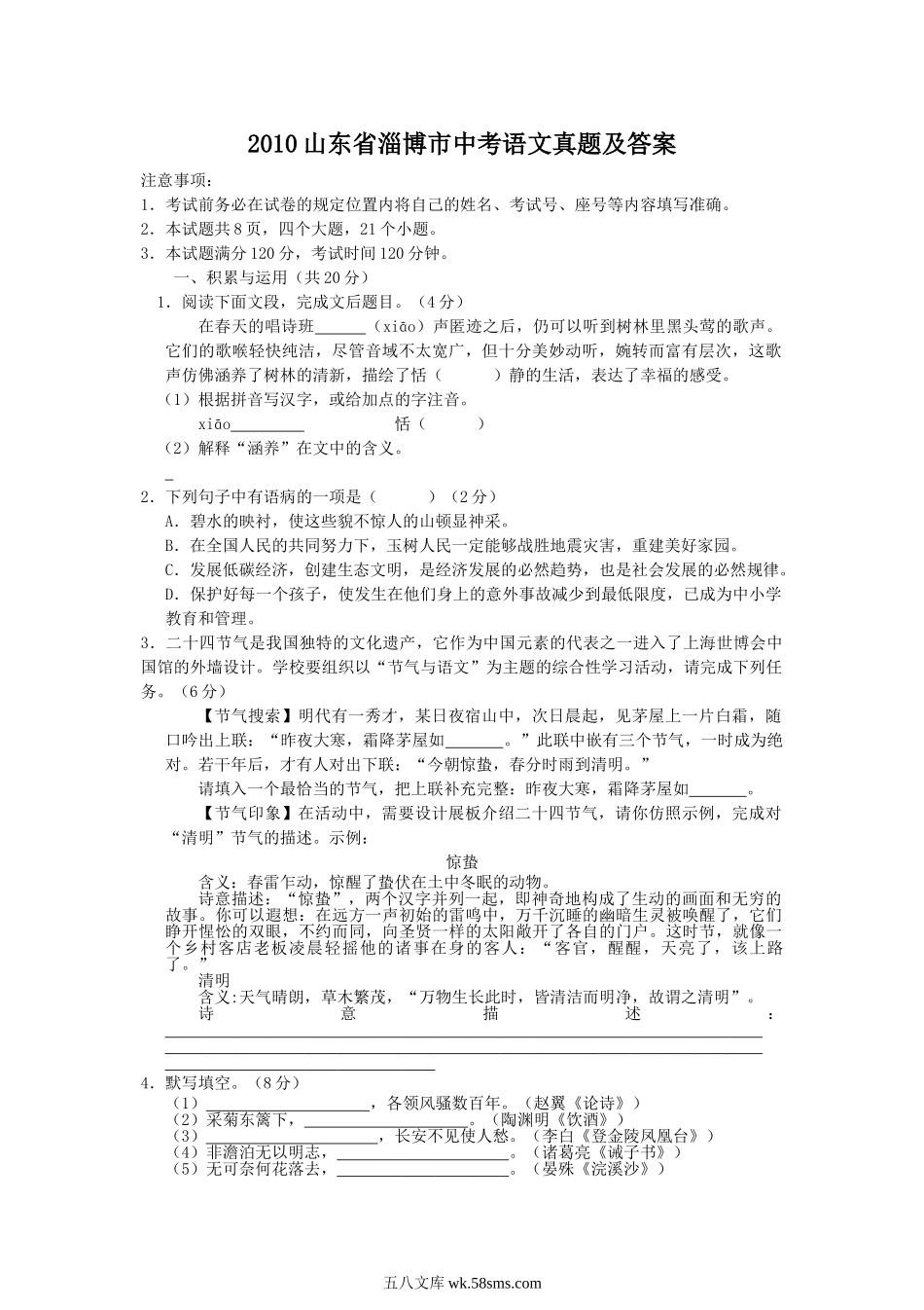 2010山东省淄博市中考语文真题及答案.doc_第1页