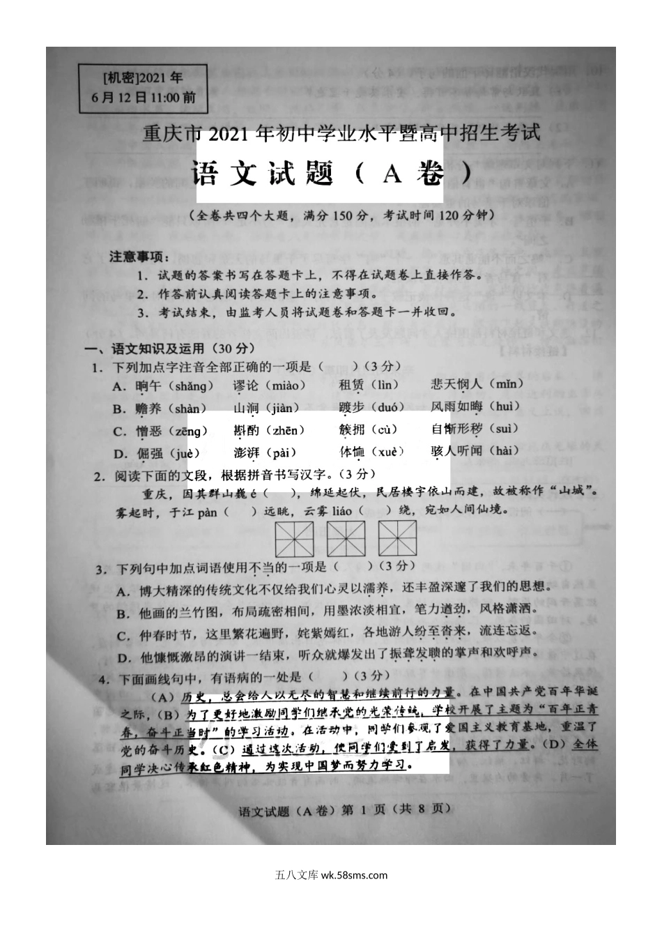 2021重庆大渡口中考语文试题及答案(A卷).doc_第2页