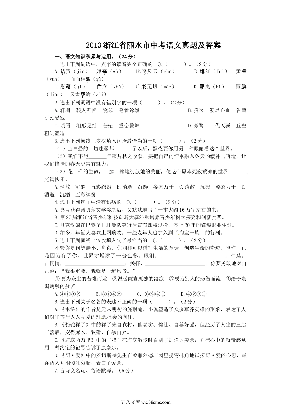 2013浙江省丽水市中考语文真题及答案.doc_第1页