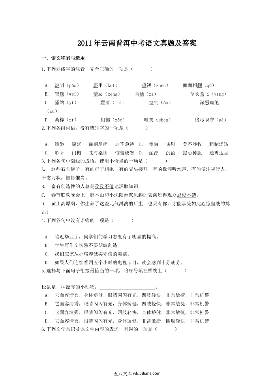 2011年云南普洱中考语文真题及答案.doc_第1页