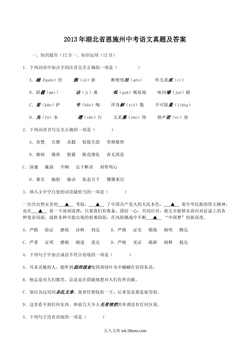 2013年湖北省恩施州中考语文真题及答案.doc_第1页