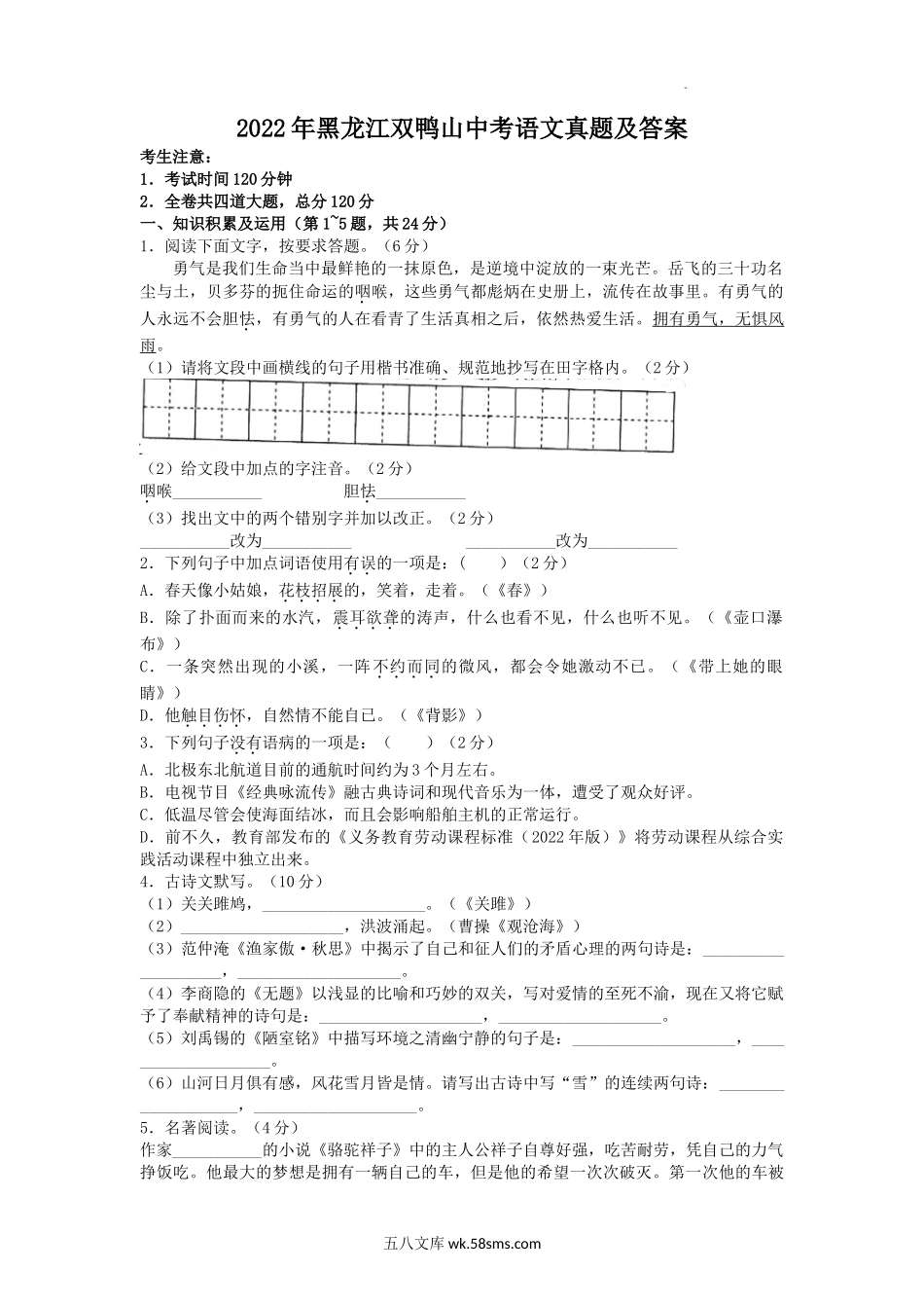 2022年黑龙江双鸭山中考语文真题及答案.doc_第1页