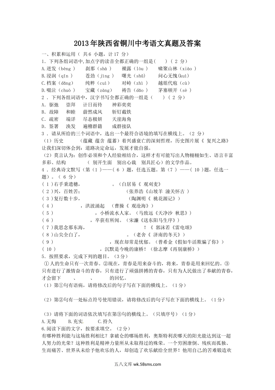 2013年陕西省铜川中考语文真题及答案.doc_第1页