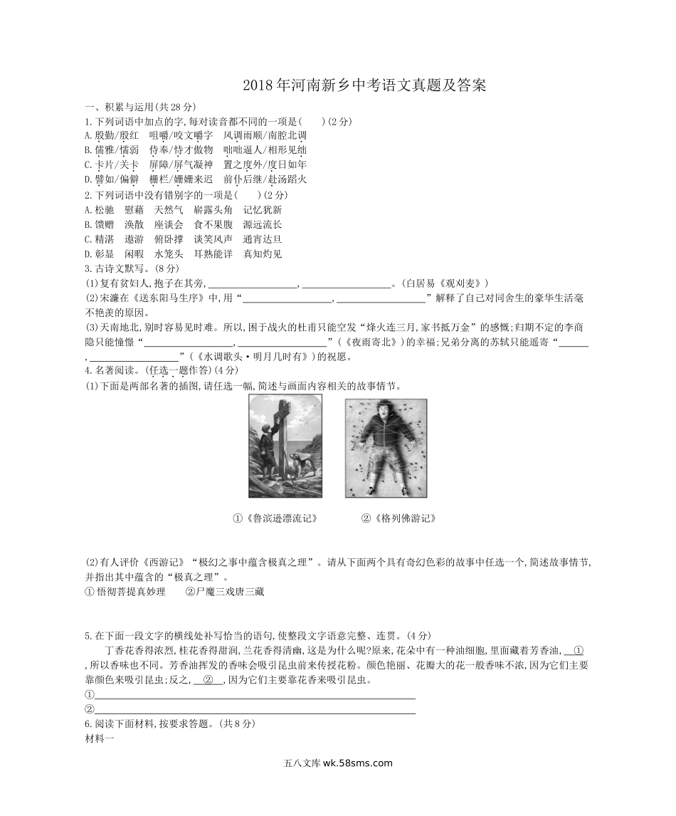 2018年河南新乡中考语文真题及答案.doc_第1页