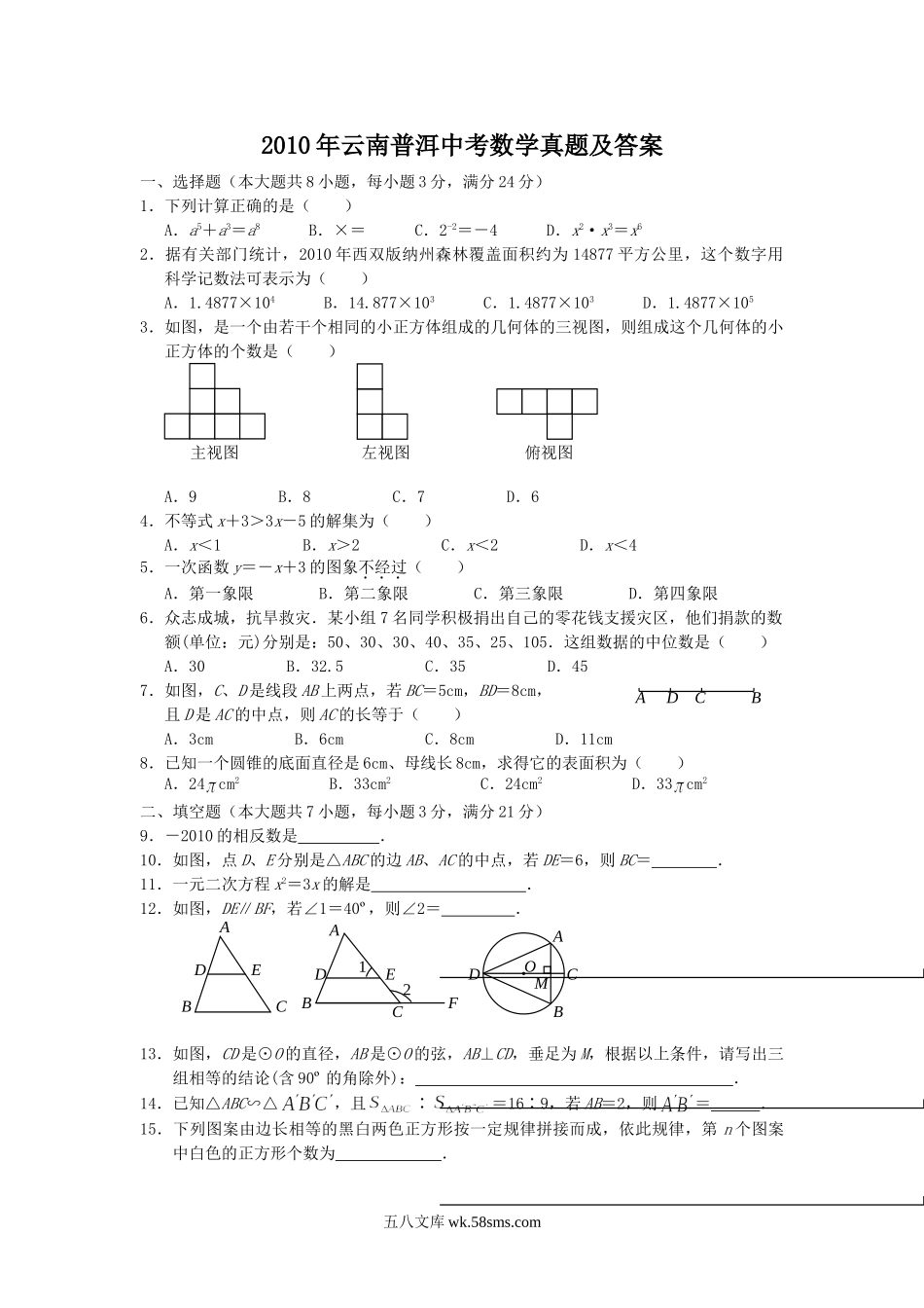 2010年云南普洱中考数学真题及答案.doc_第1页