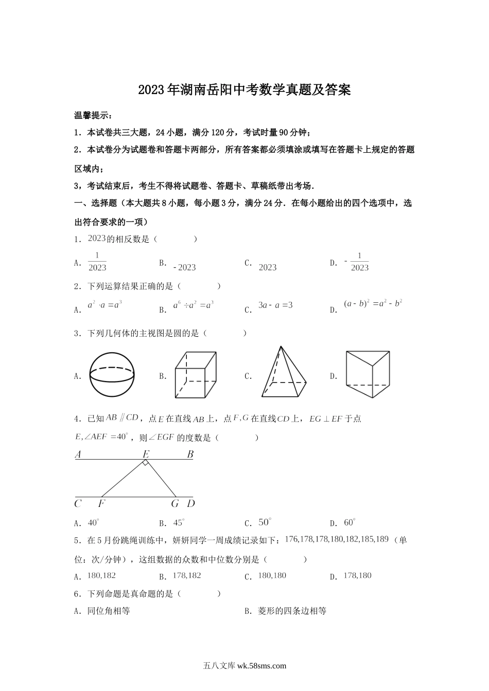 2023年湖南岳阳中考数学真题及答案.doc_第1页