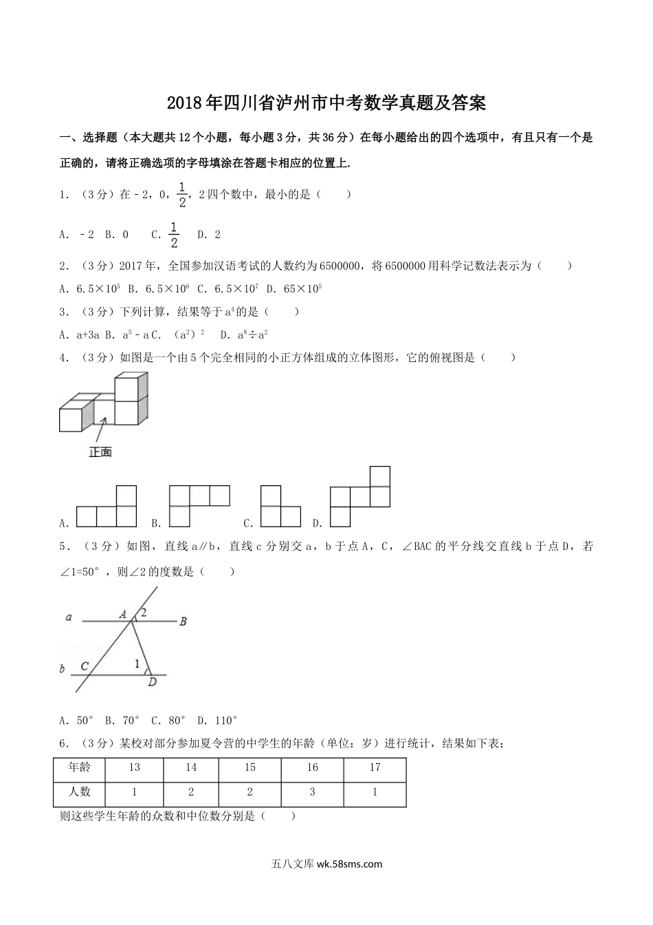 2018年四川省泸州市中考数学真题及答案.doc_第1页