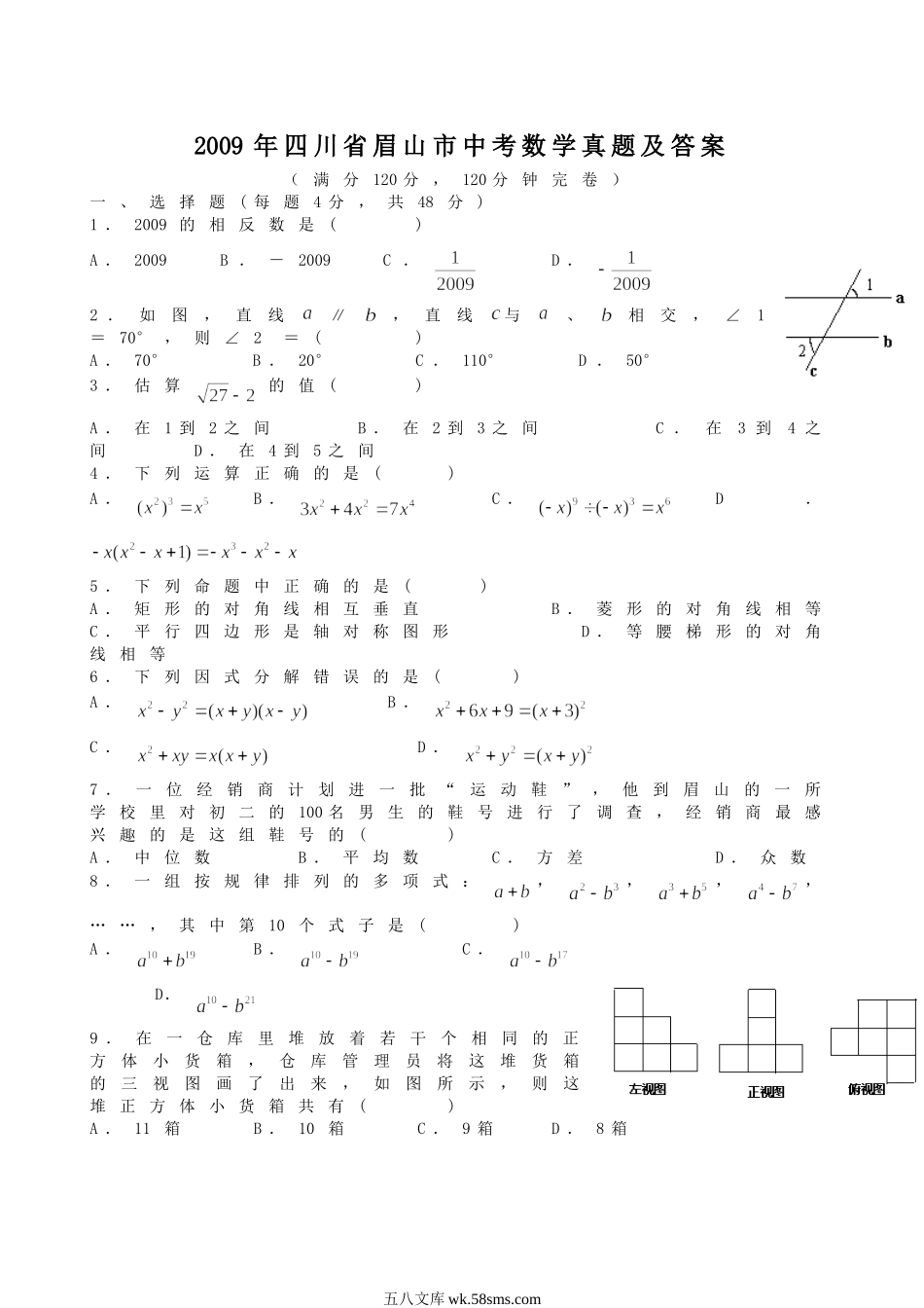 2009年四川省眉山市中考数学真题及答案.doc_第1页