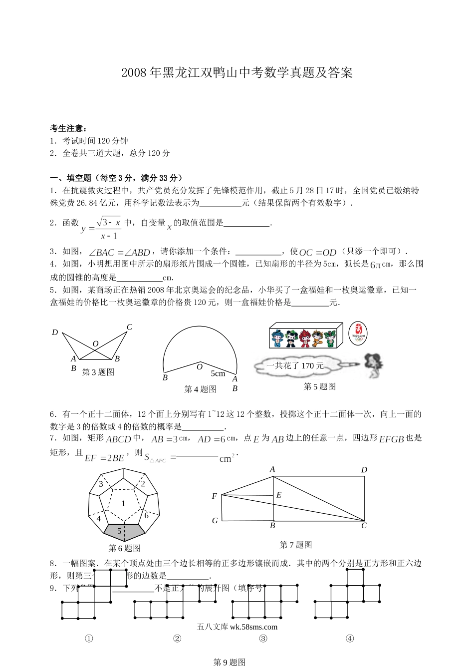 2008年黑龙江双鸭山中考数学真题及答案.doc_第1页