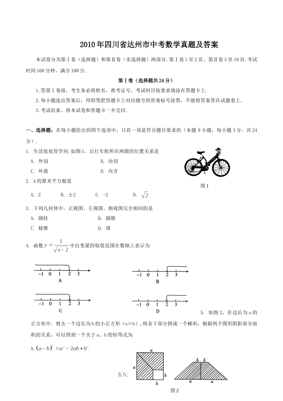 2010年四川省达州市中考数学真题及答案.doc_第1页