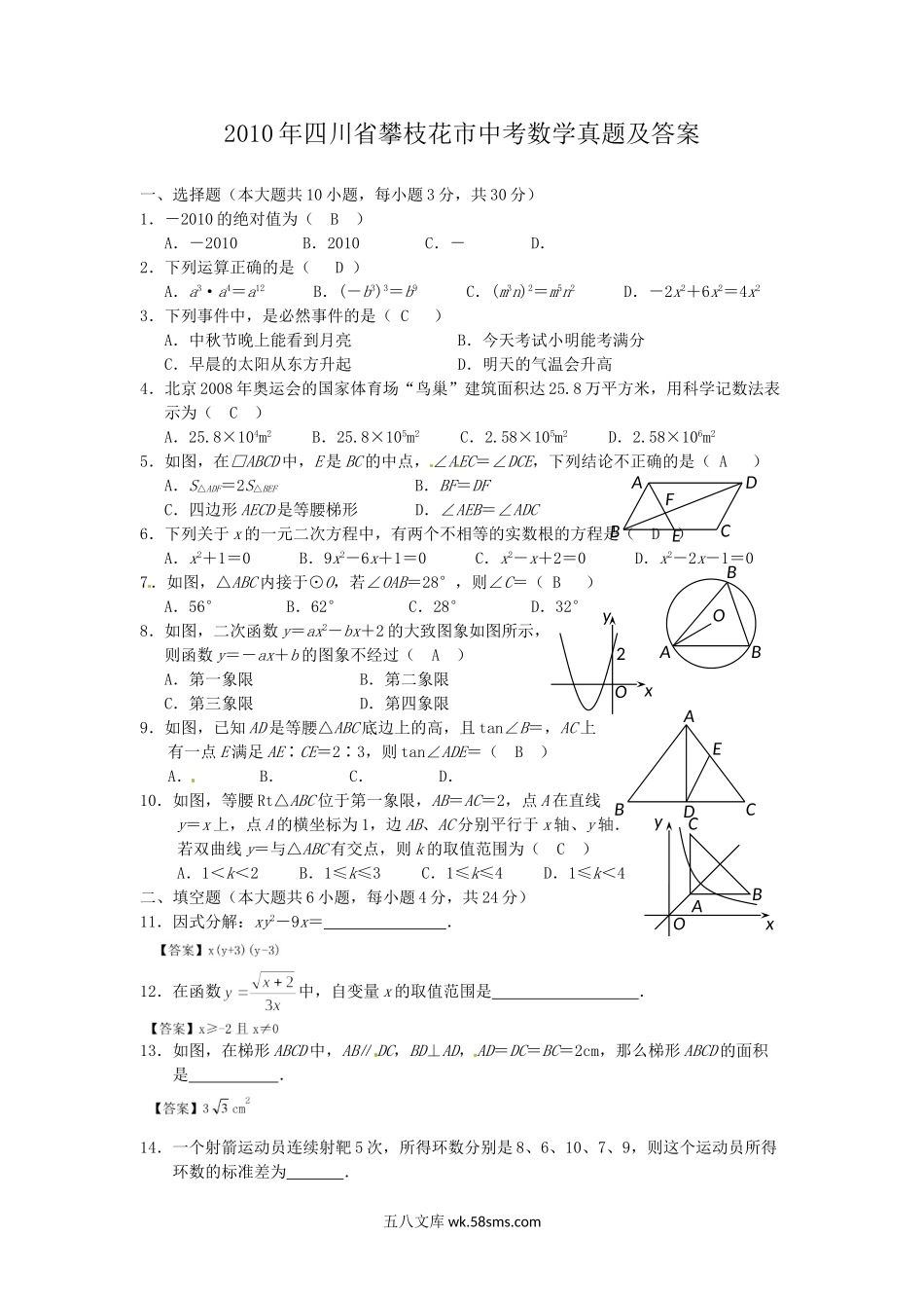 2010年四川省攀枝花市中考数学真题及答案.doc_第1页