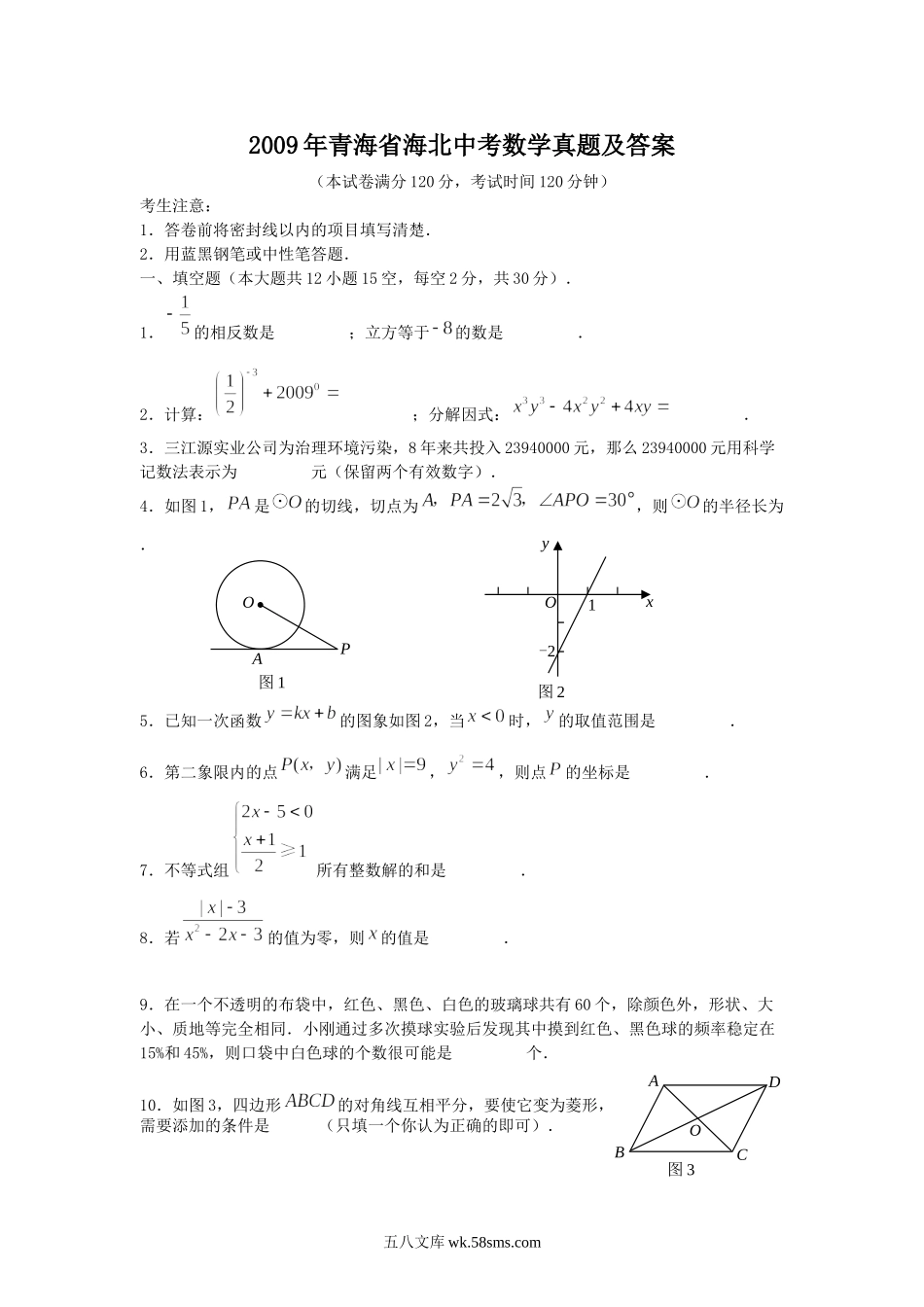 2009年青海省海北中考数学真题及答案.doc_第1页