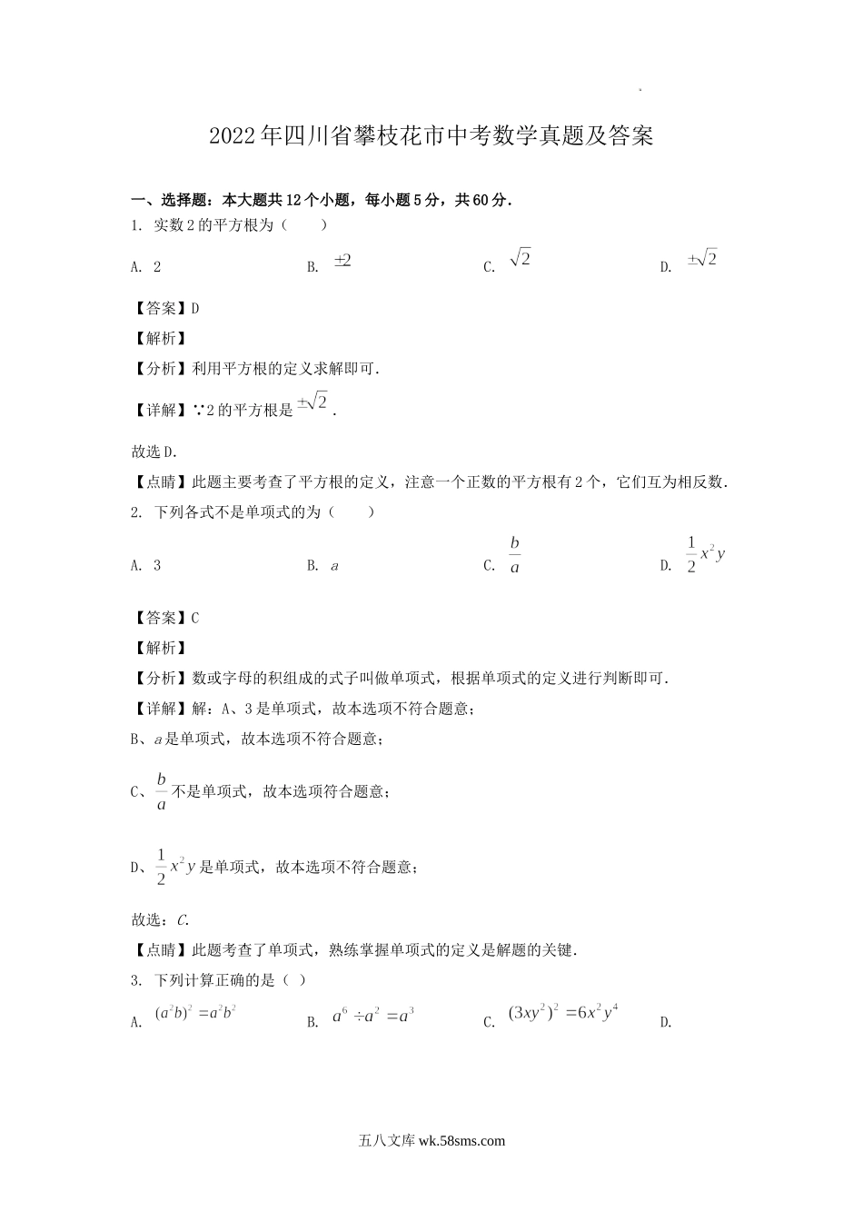 2022年四川省攀枝花市中考数学真题及答案.doc_第1页