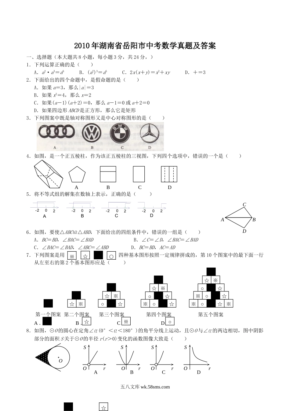 2010年湖南省岳阳市中考数学真题及答案.doc_第1页