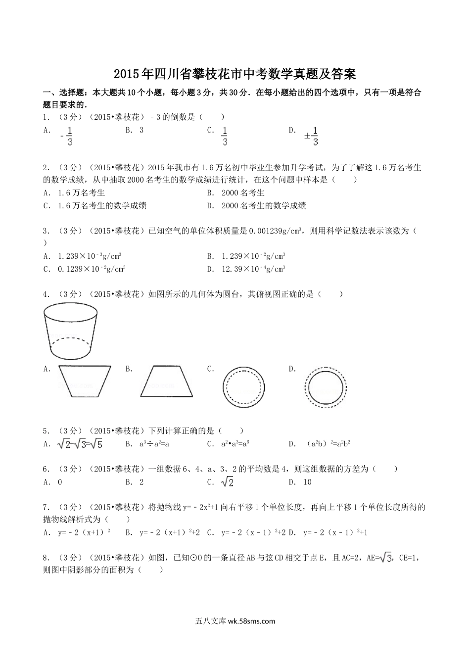 2015年四川省攀枝花市中考数学真题及答案.doc_第1页