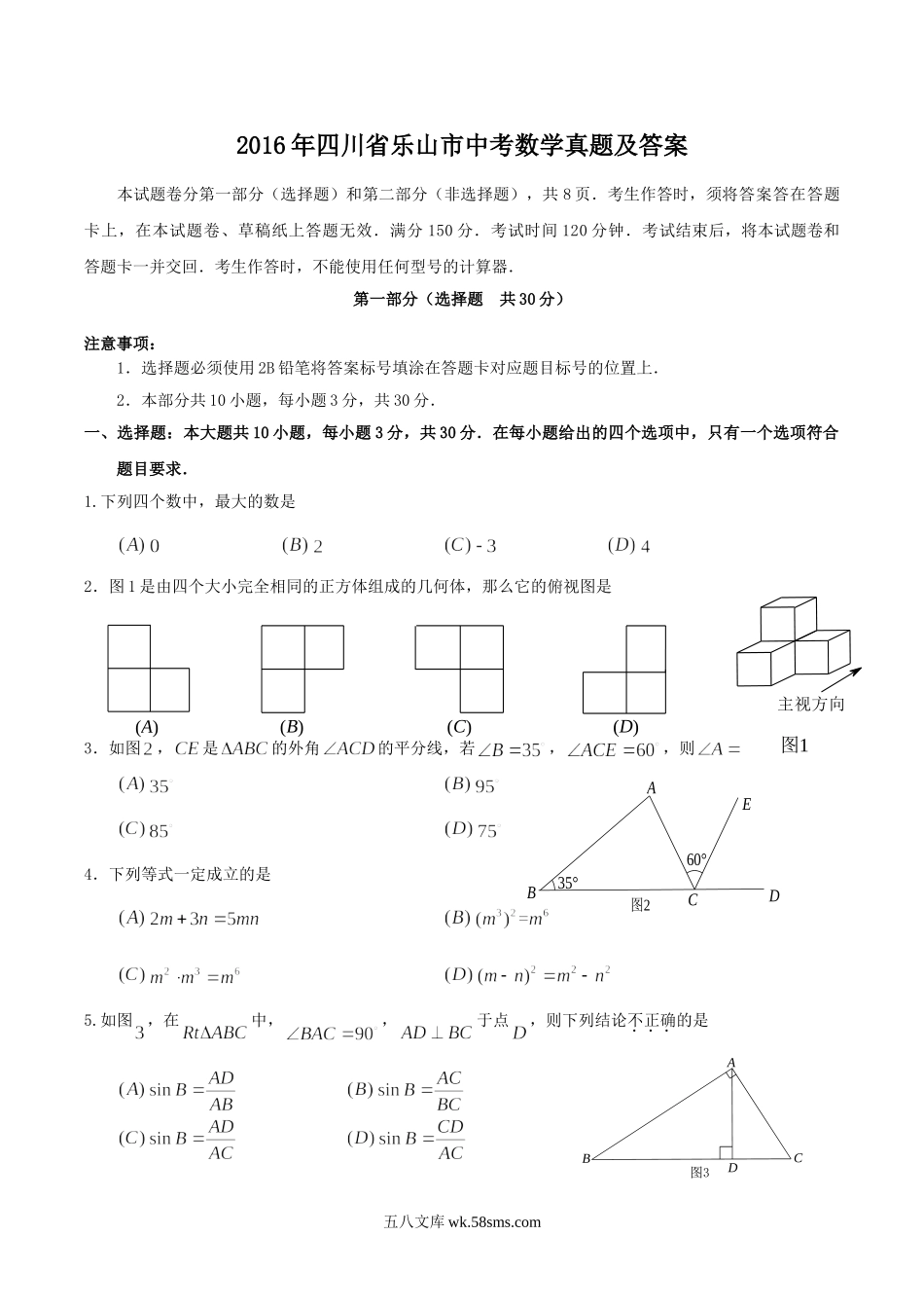 2016年四川省乐山市中考数学真题及答案.doc_第1页