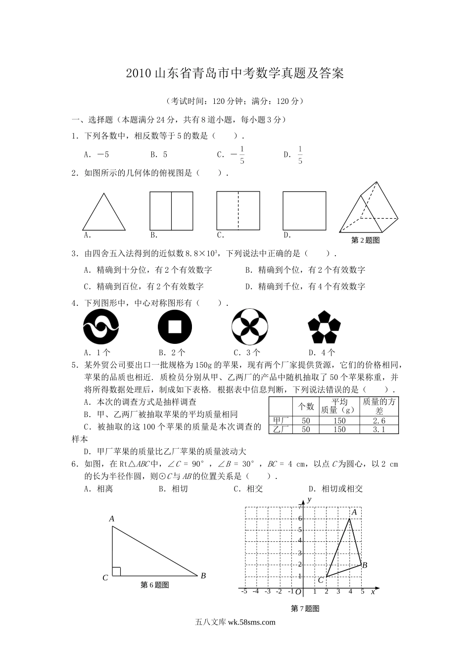 2010山东省青岛市中考数学真题及答案.doc_第1页