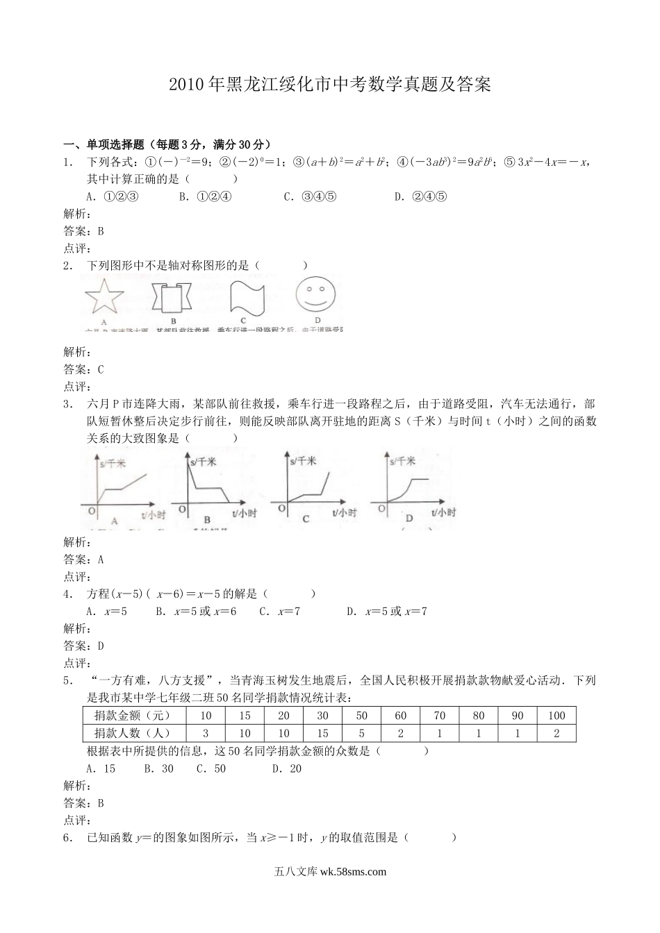 2010年黑龙江绥化市中考数学真题及答案.doc_第1页