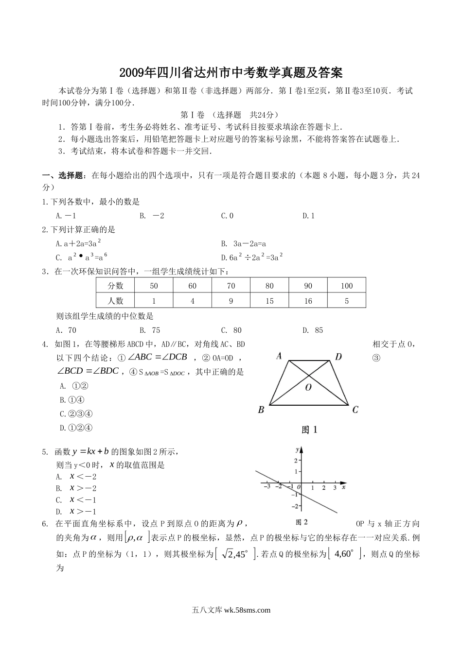 2009年四川省达州市中考数学真题及答案.doc_第1页