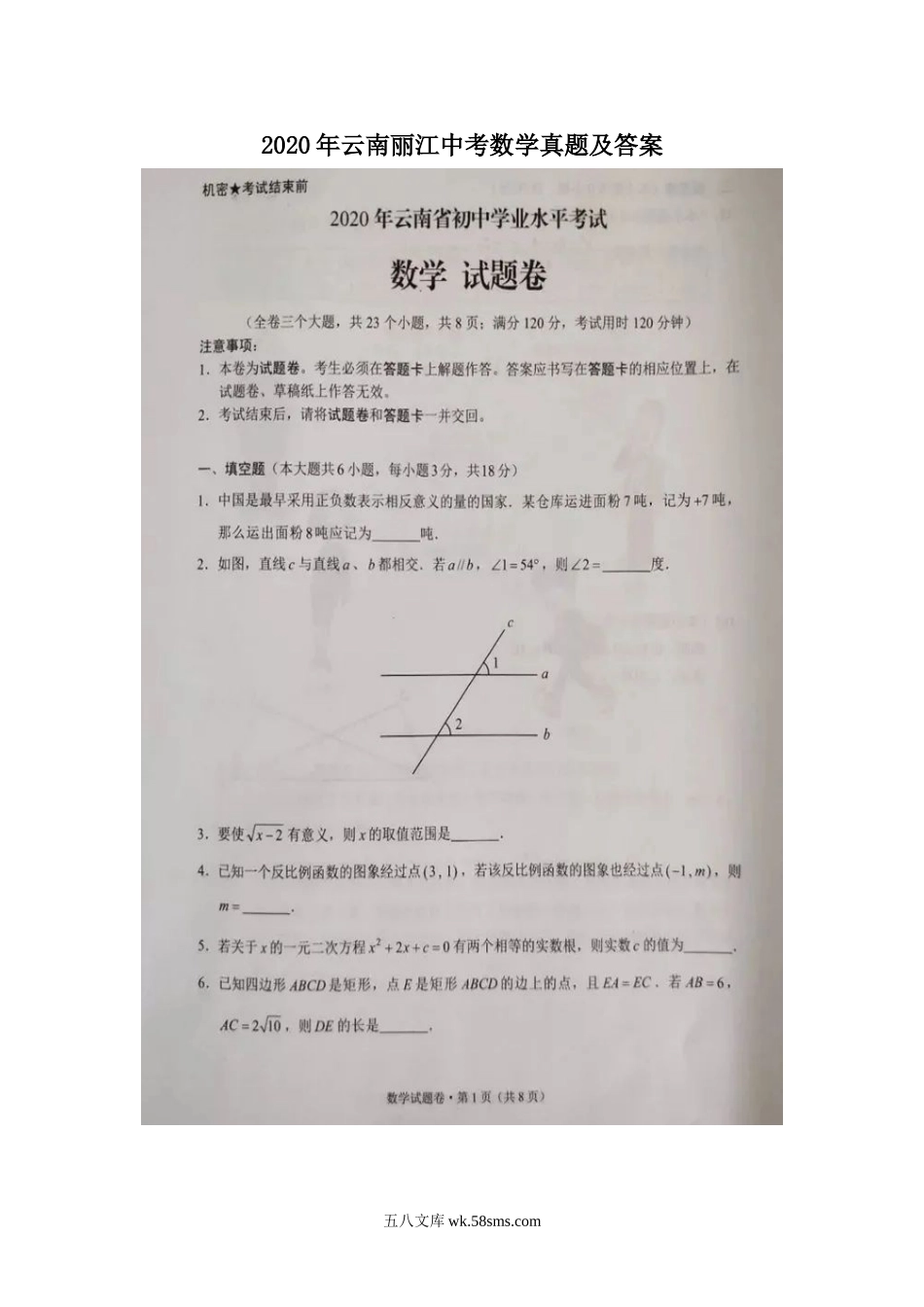 2020年云南丽江中考数学真题及答案.doc_第1页