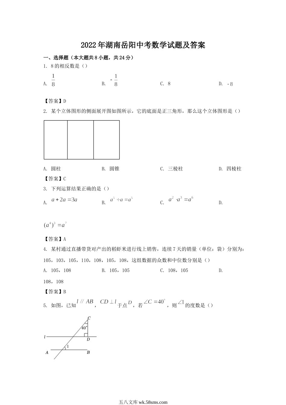 2022年湖南岳阳中考数学试题及答案.doc_第1页