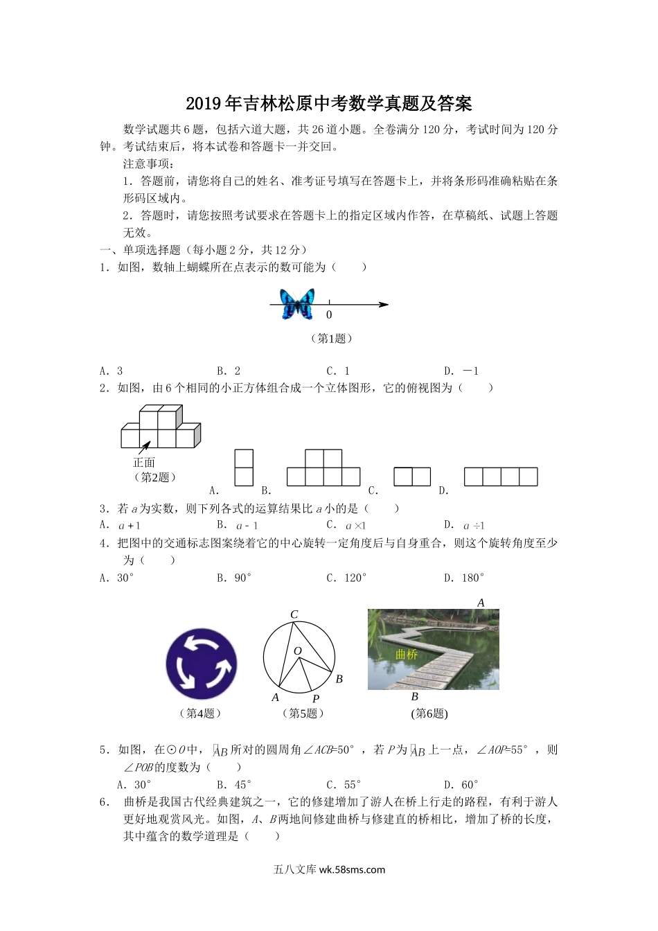 2019年吉林松原中考数学真题及答案.doc_第1页