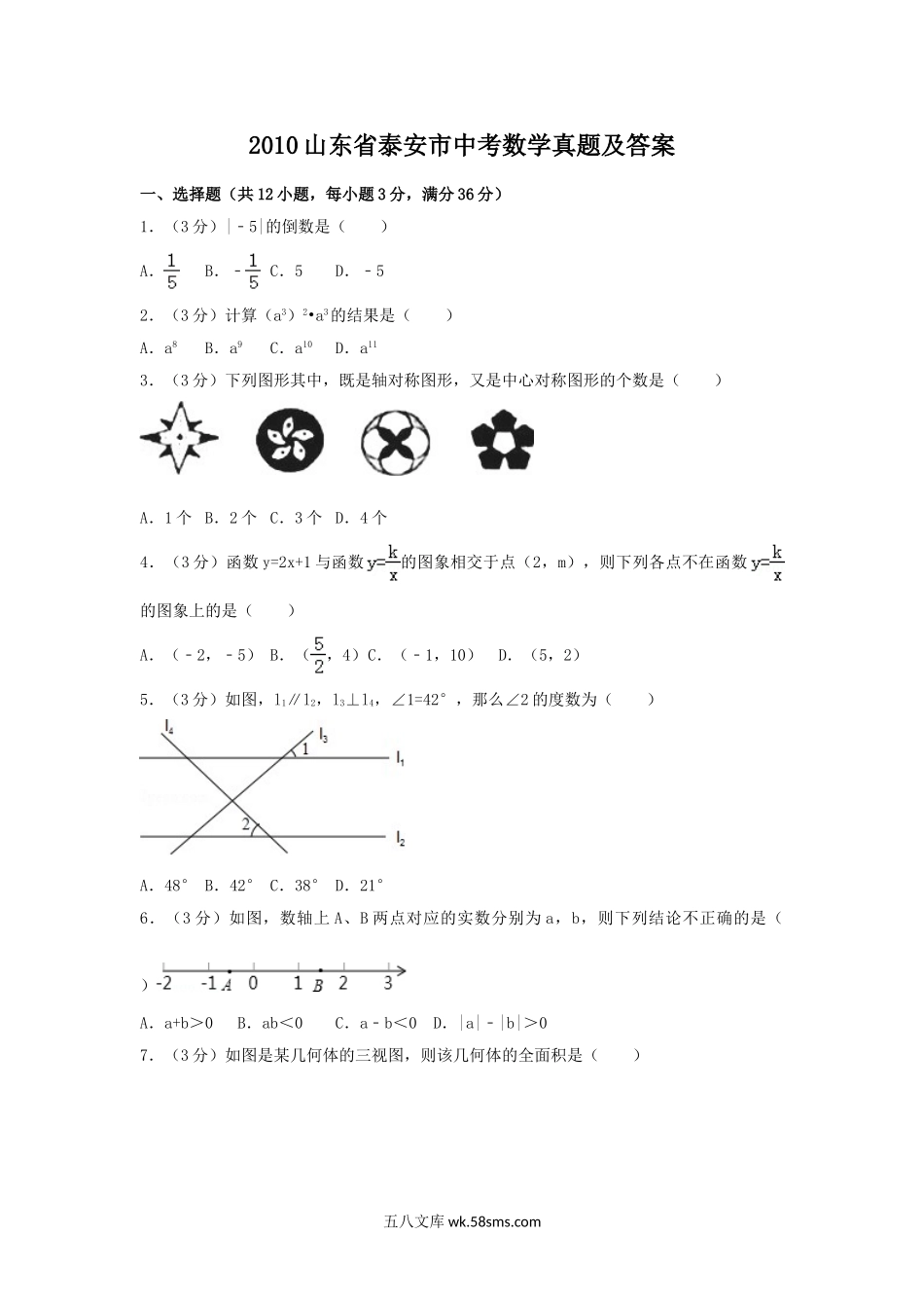 2010山东省泰安市中考数学真题及答案.doc_第1页