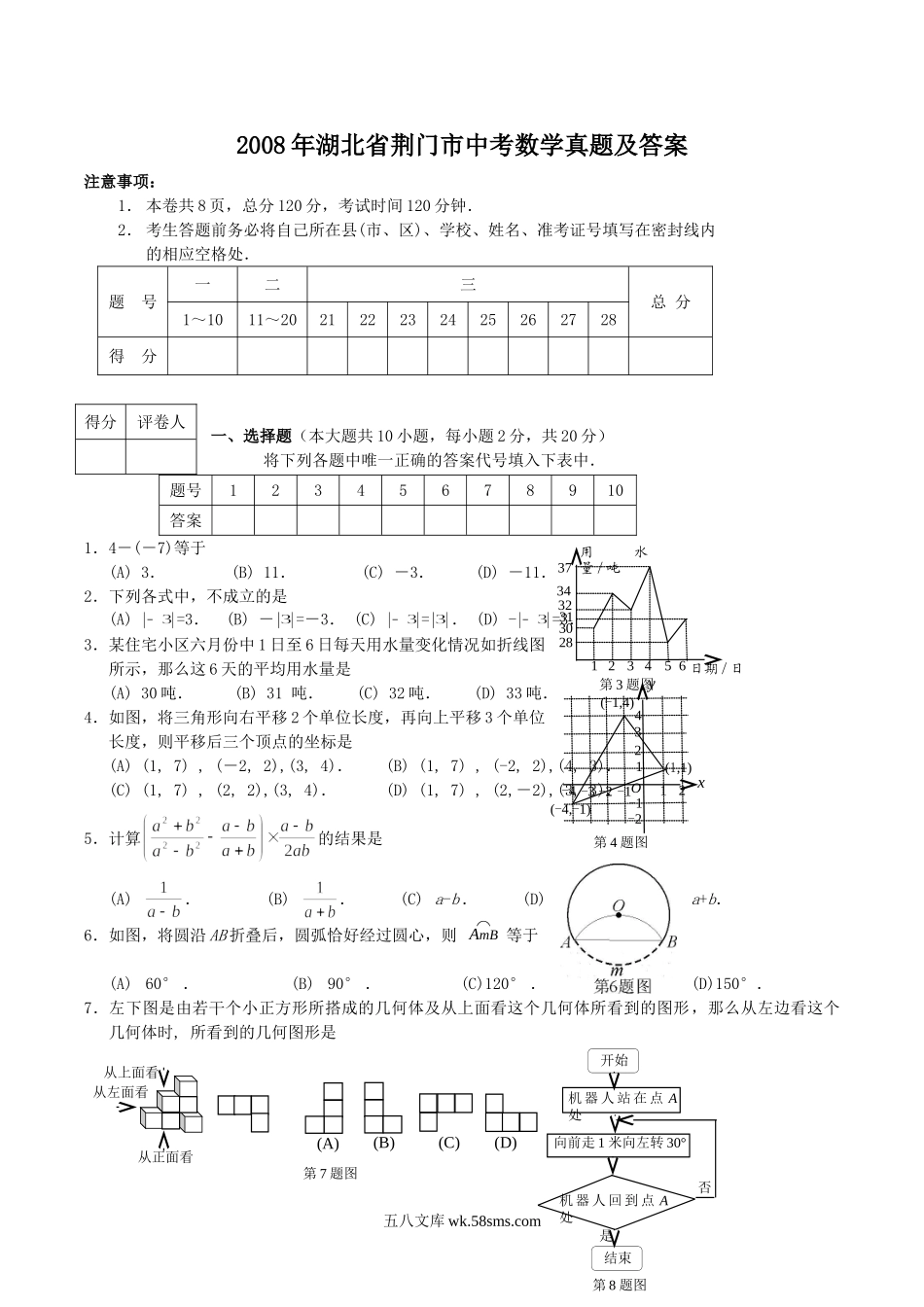 2008年湖北省荆门市中考数学真题及答案.doc_第1页