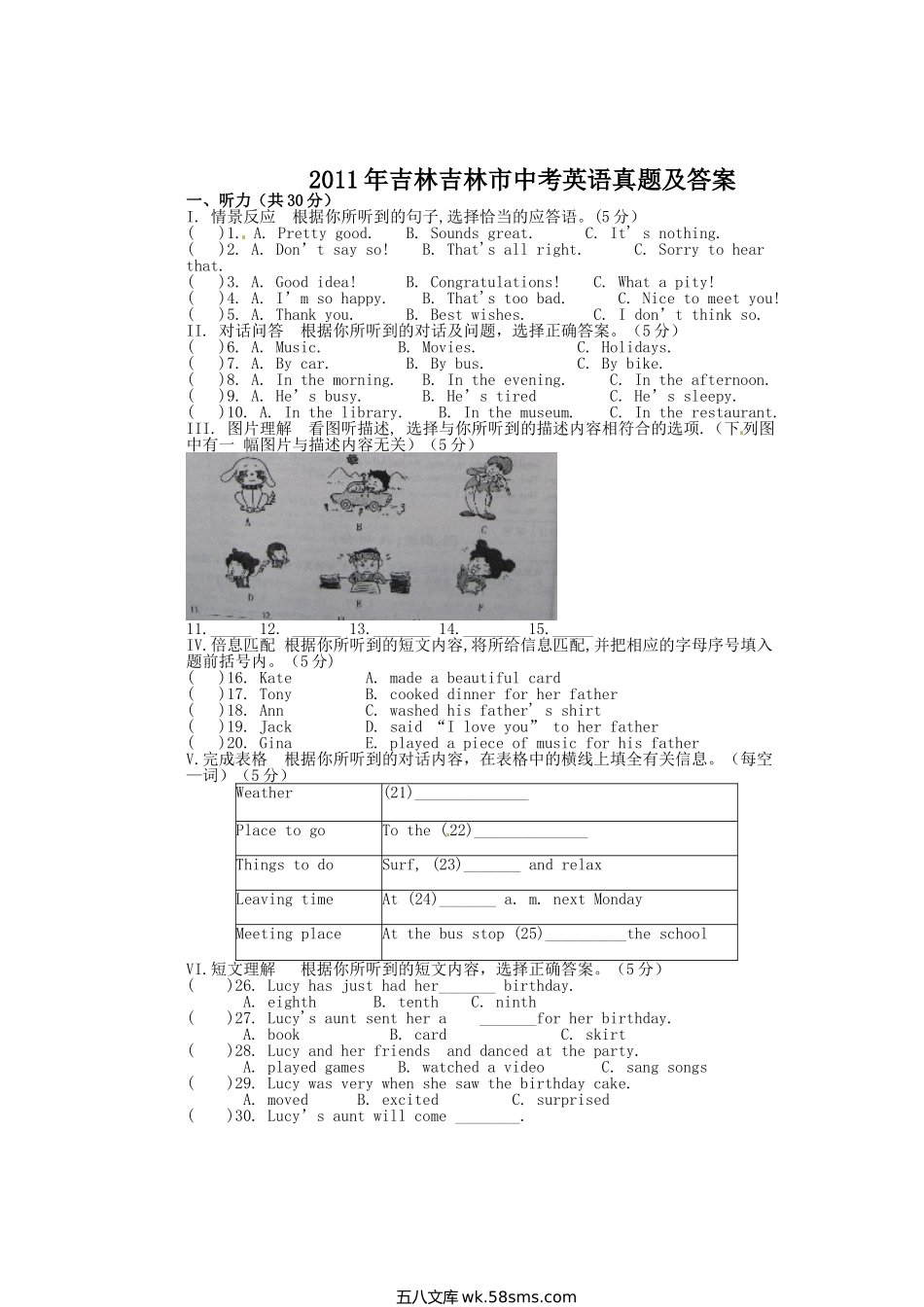 2011年吉林吉林市中考英语真题及答案.doc_第1页