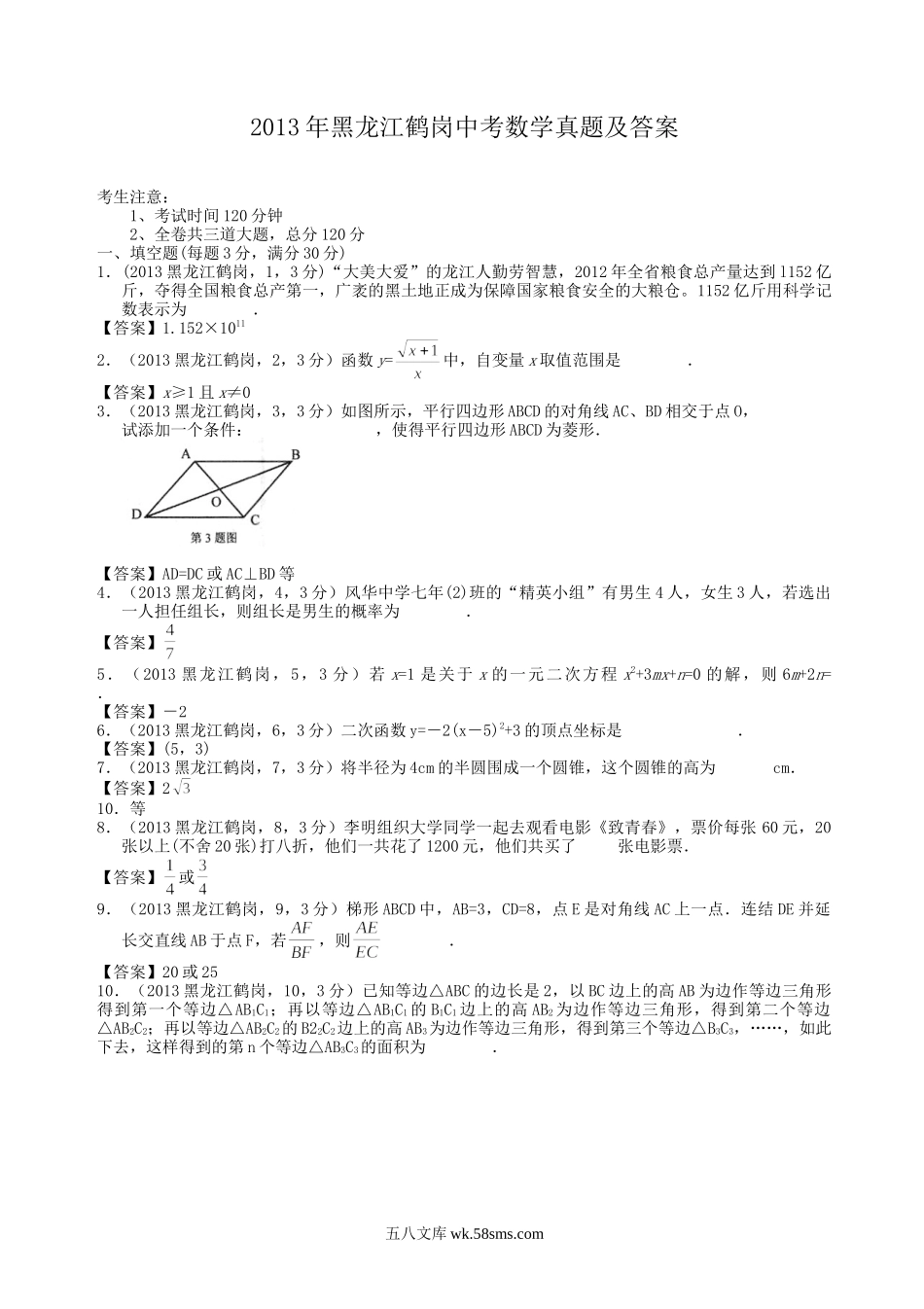 2013年黑龙江鹤岗中考数学真题及答案.doc_第1页